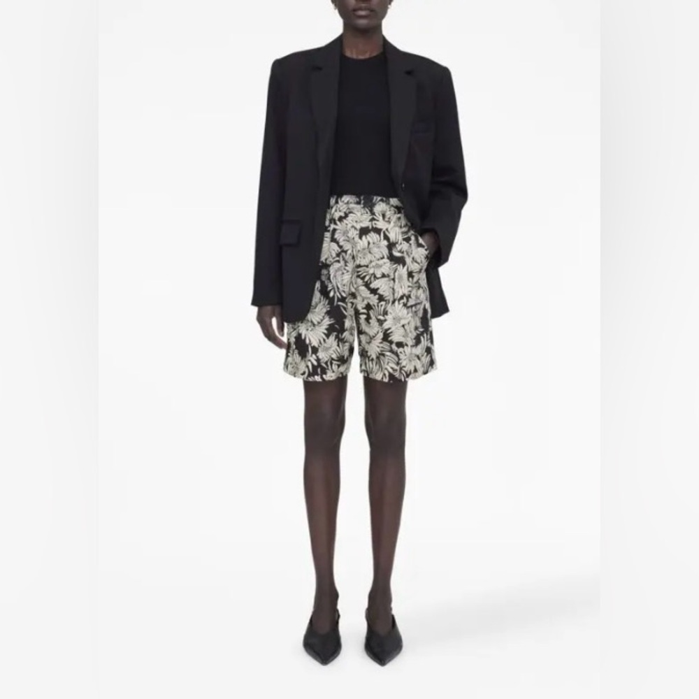 Anine Bing Black and Cream Floral High-Rise Tailored Shorts